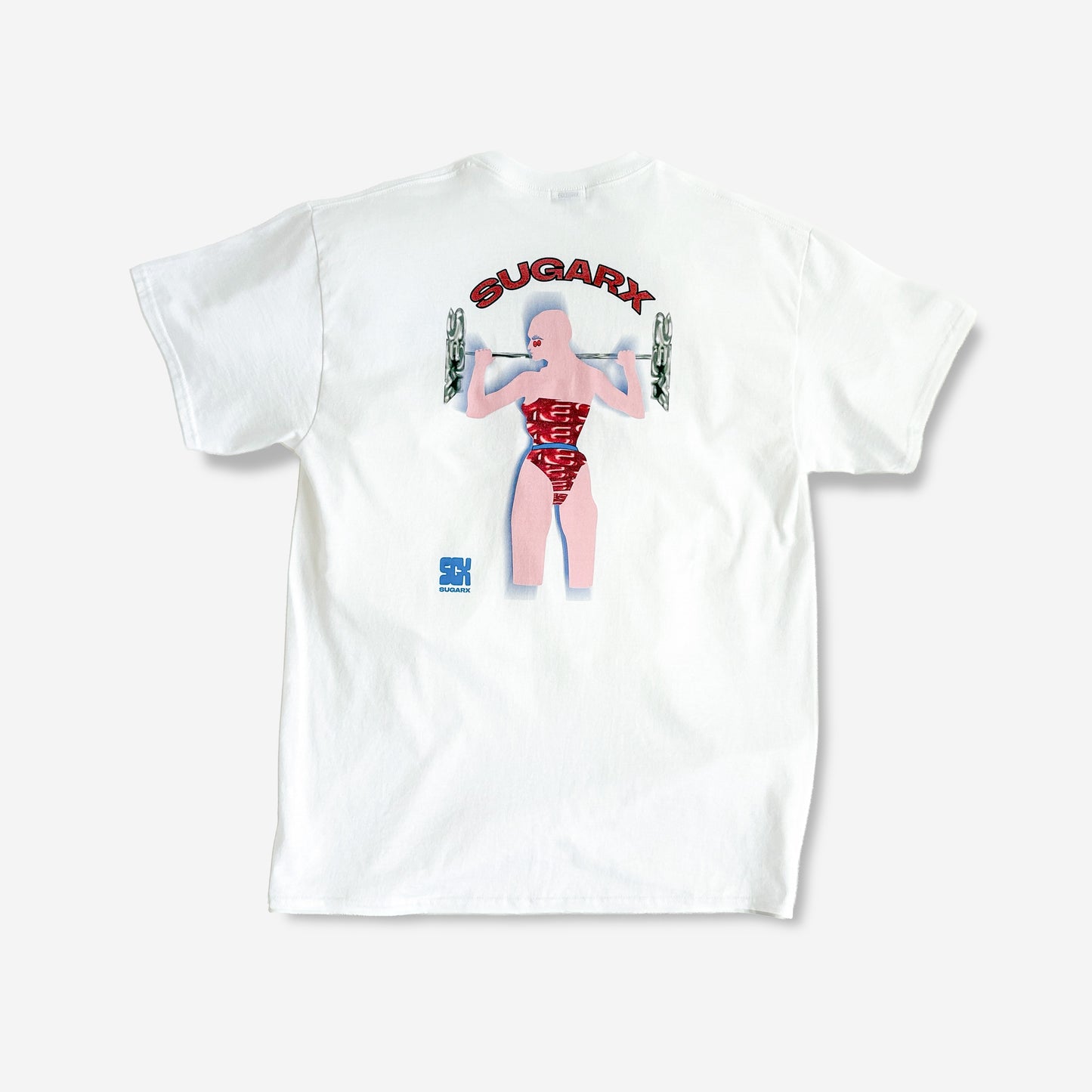ホワイトのビッグTシャツ、背面にSUGARFXロゴとロボット風プリント