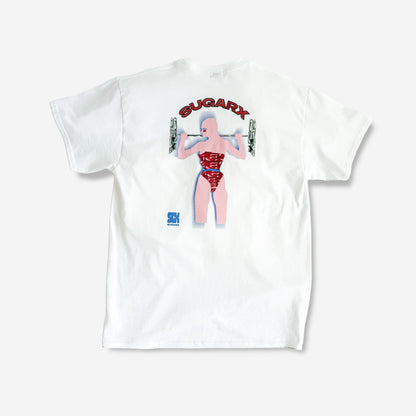 ホワイトのビッグTシャツ、背面にSUGARFXロゴとロボット風プリント