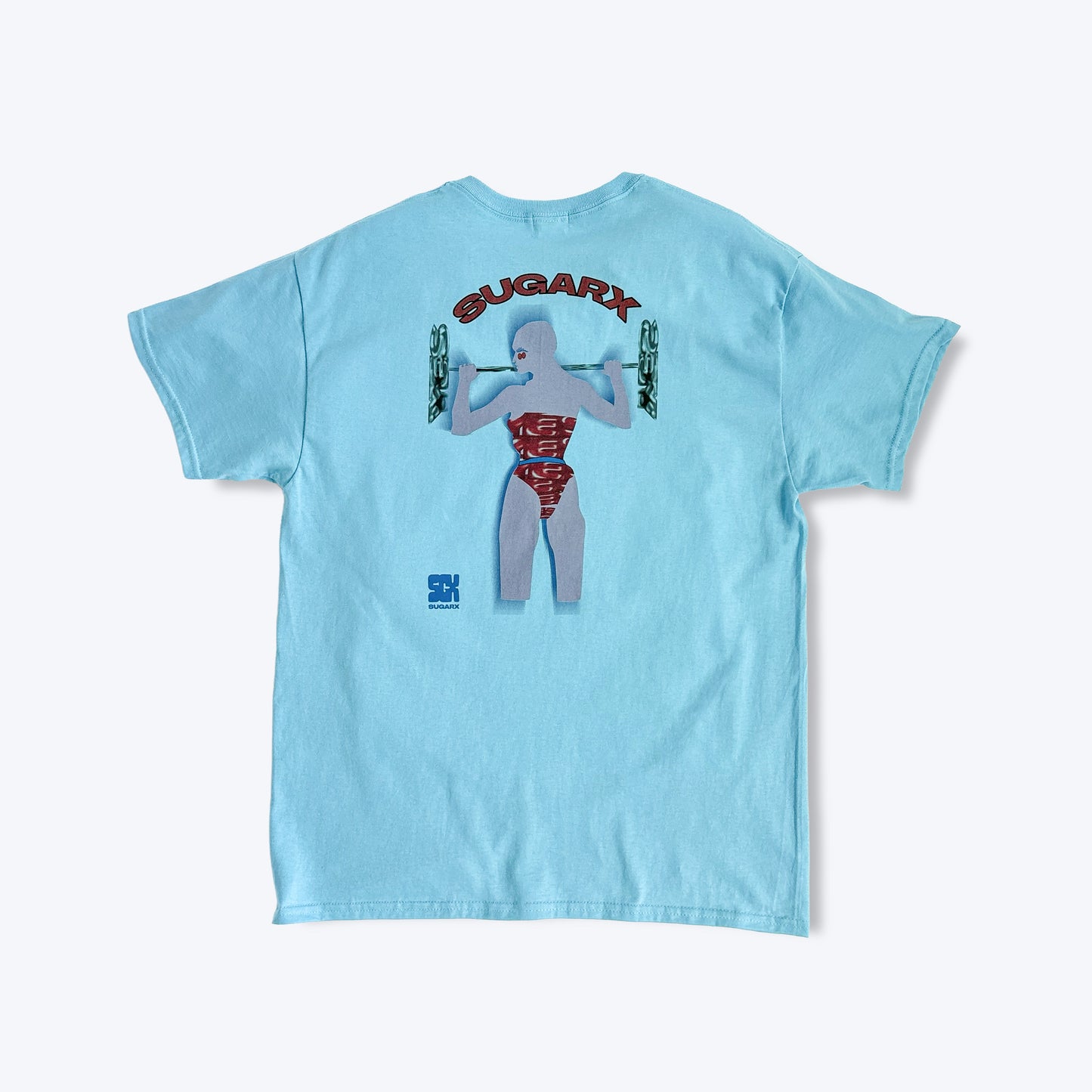ブルーのTシャツ、背面にSUGARXロゴと女性のプリント