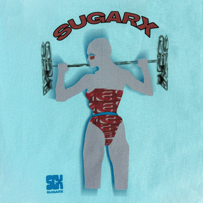 ブルーのTシャツ、背面のSUGARXロゴと女性フィギュアプリント