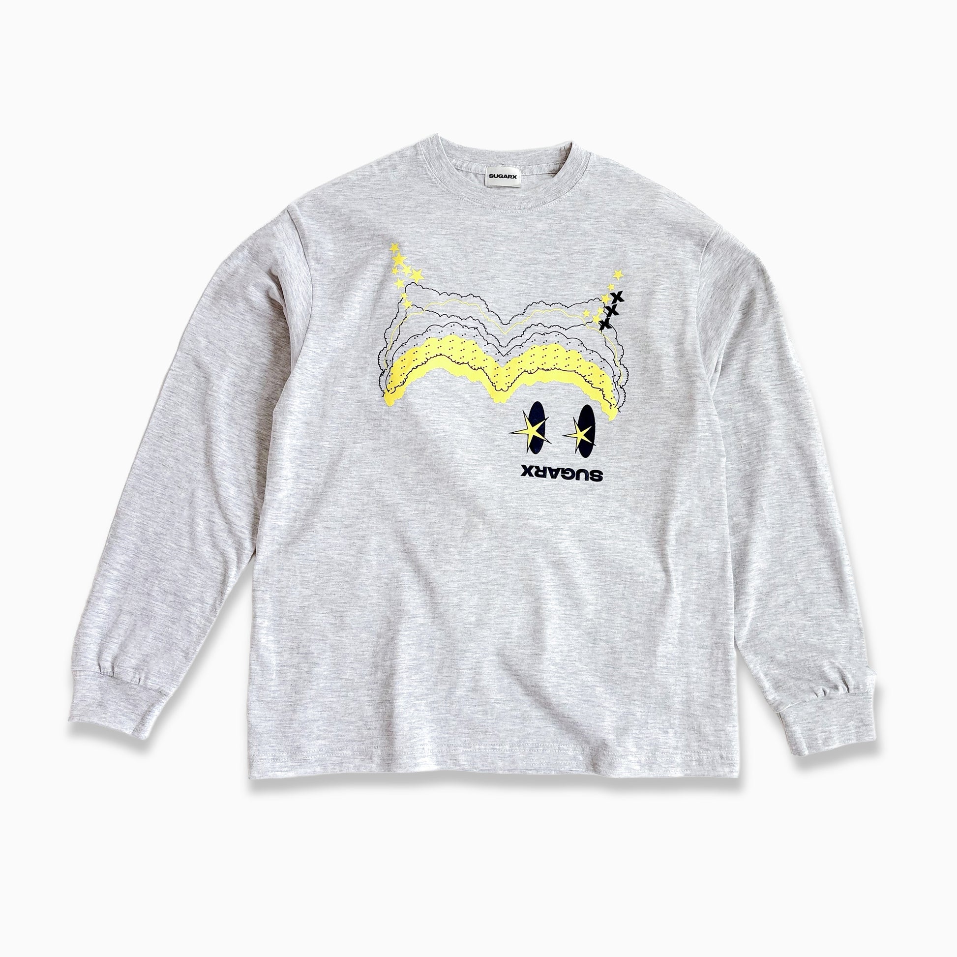 杢グレーの長袖Tシャツ、フロントの地図風イラストプリント