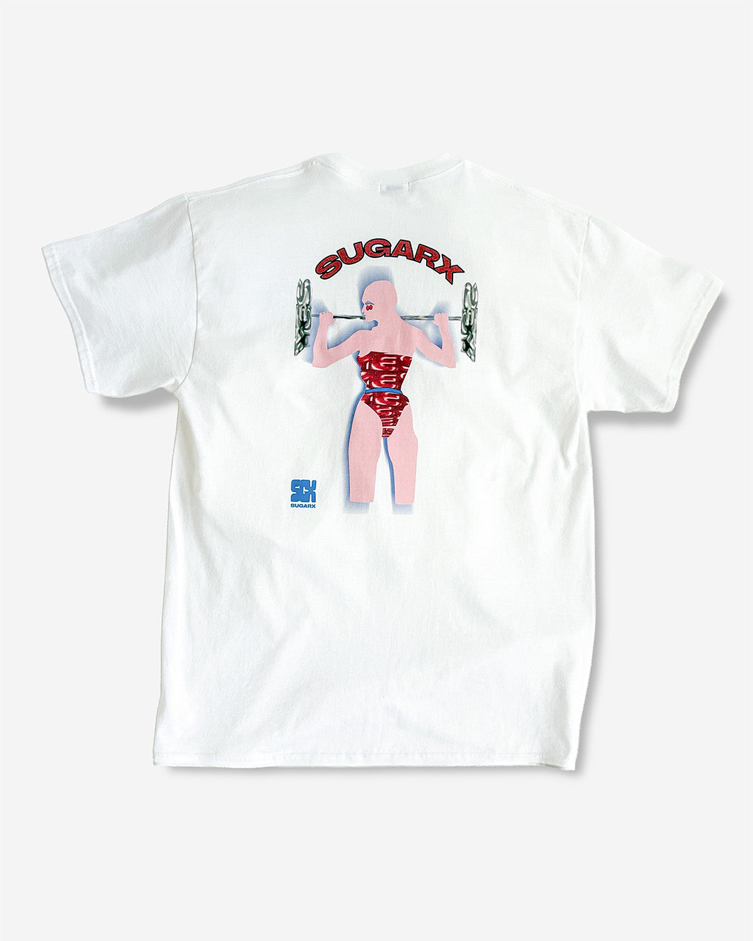 ホワイトのビッグTシャツ、SUGARFXロゴとロボット風グラフィック前面
